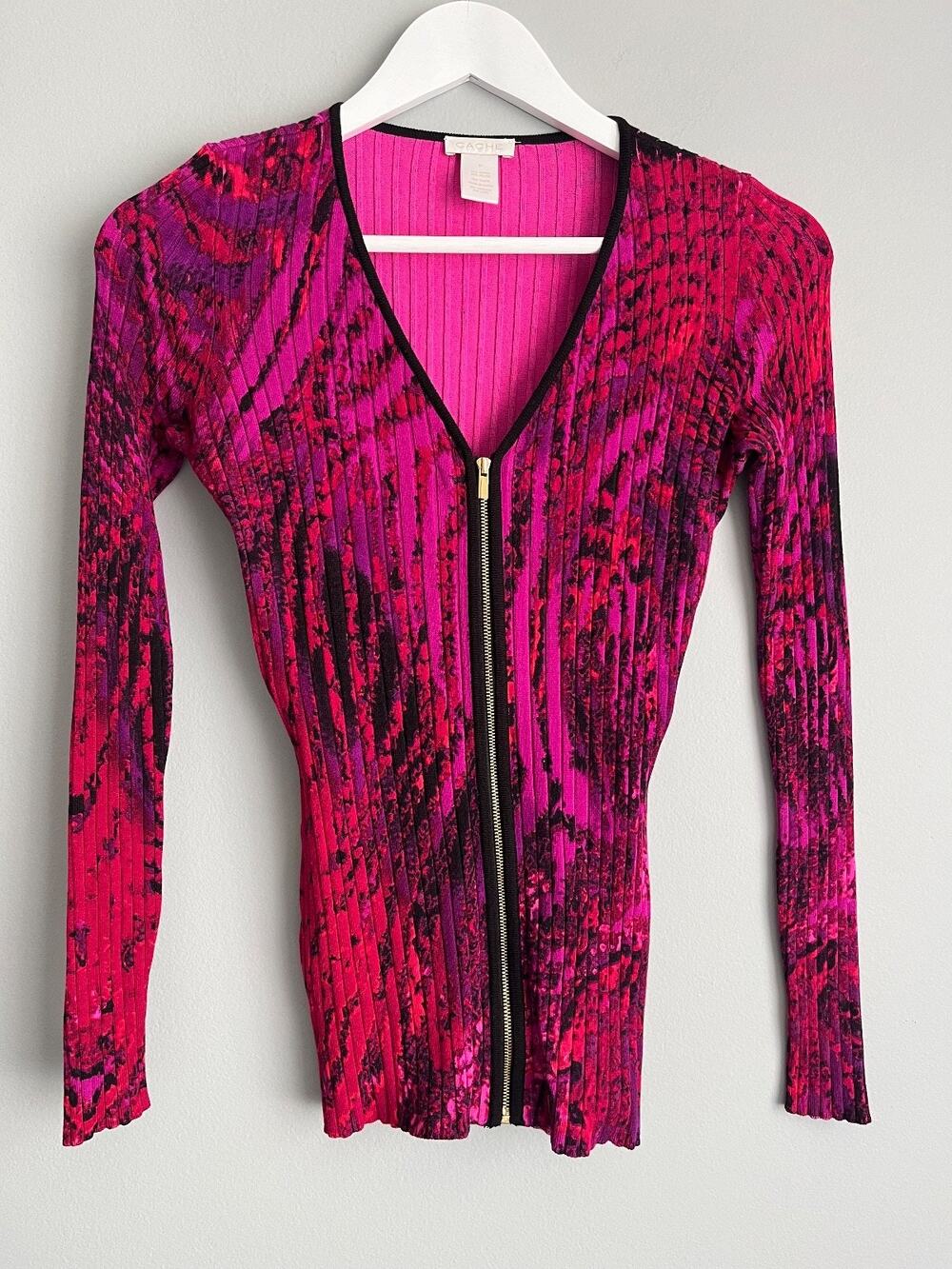 Cache Ribbed Zip Cardigan Women's XS Pink Purple Abstract Print V-Neck Fitted